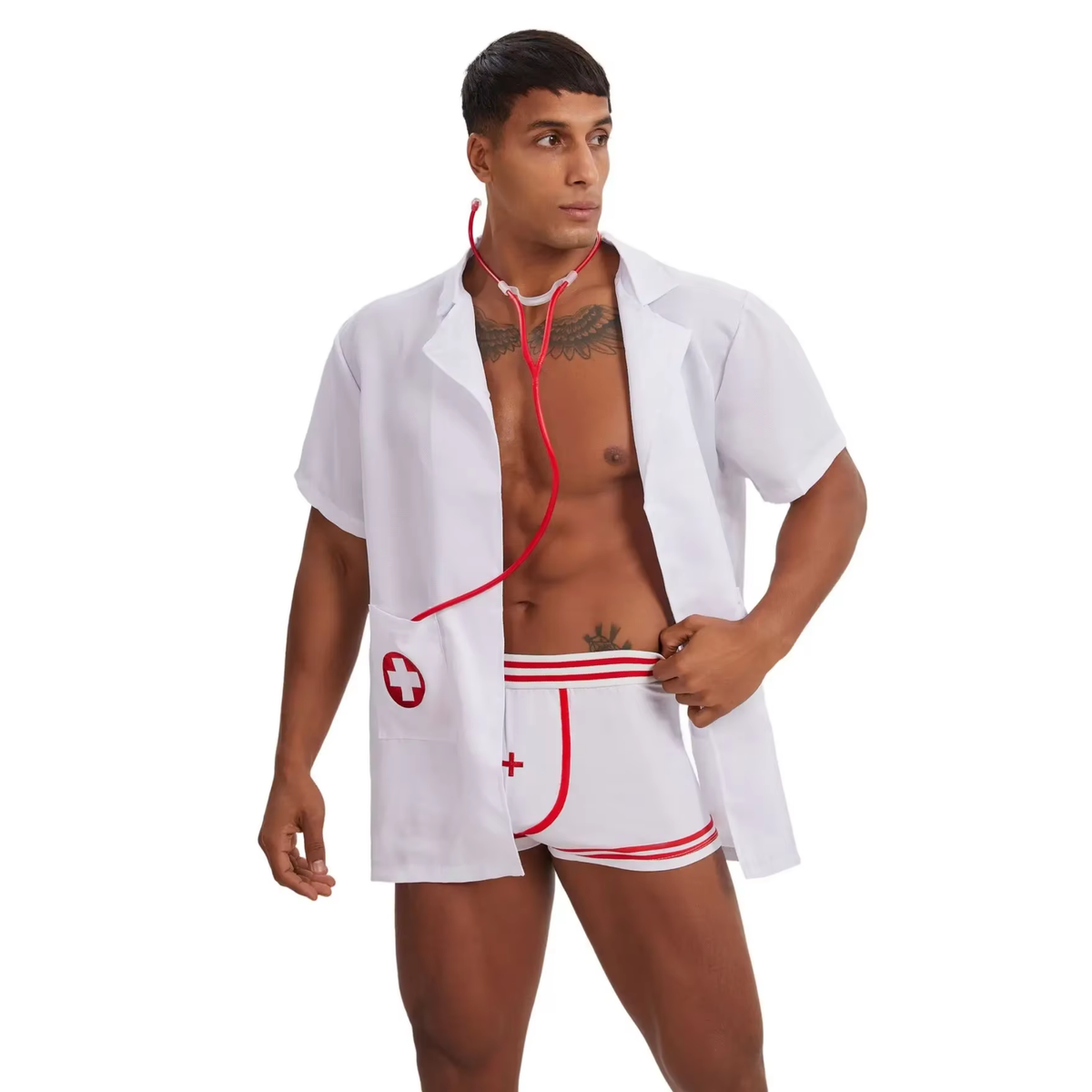 3-Delig Sexy Heren Kostuum - Dokter / Verpleger / Arts - Boxer, Doktersjas En Stethoscoop - Rood & Wit - Mannen - Heren Lingerie - Vrijgezellenfeest - One Size
