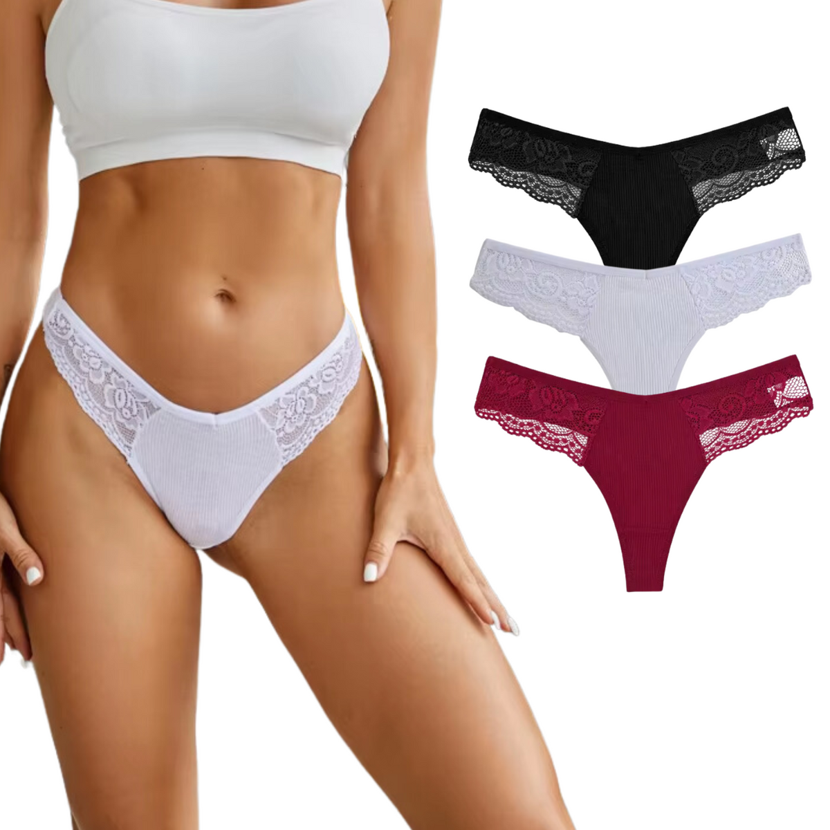 3 Pack - Sexy Dames String - Ribstof en Kant - Rood, Wit en Zwart - Dames Lingerie / Ondergoed - 95% Katoen - Maat M