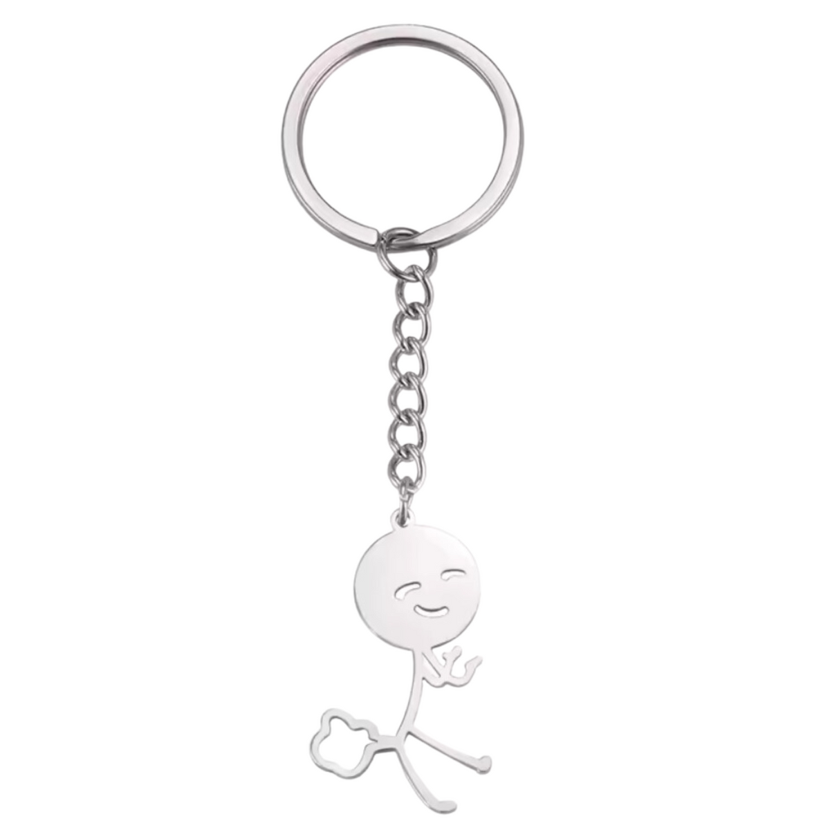 Grappige Scheet Sleutelhanger – RVS - Blij Poppetje in Zilver – Uniek Cadeau – Humoristisch Accessoire - Tassenhanger - Sleutel Hanger Roestvrij Staal