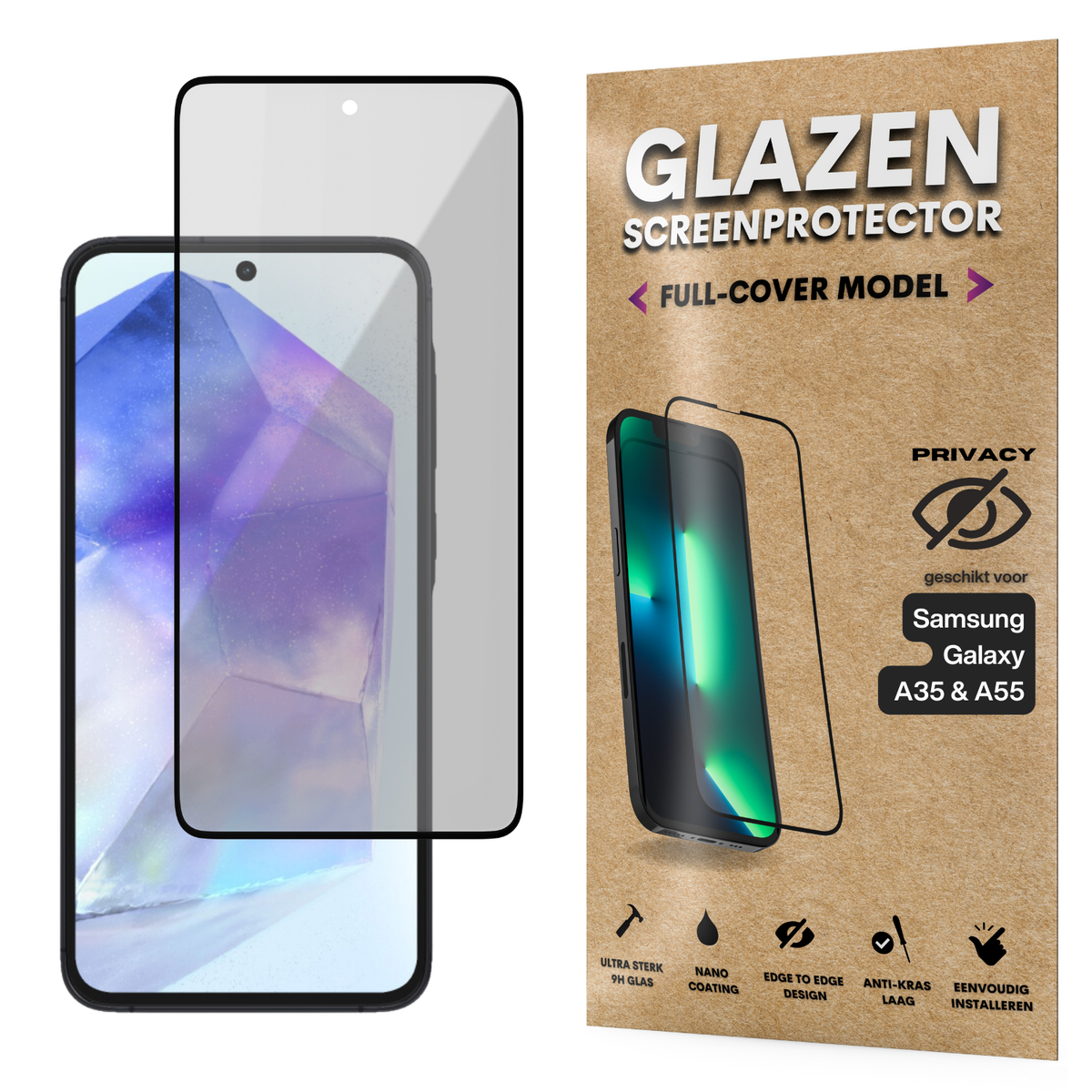 Privacy Screenprotector - Geschikt voor Samsung Galaxy A35 / A55 - Gehard Glas - Full Cover Tempered Privacy Glass - Case Friendly