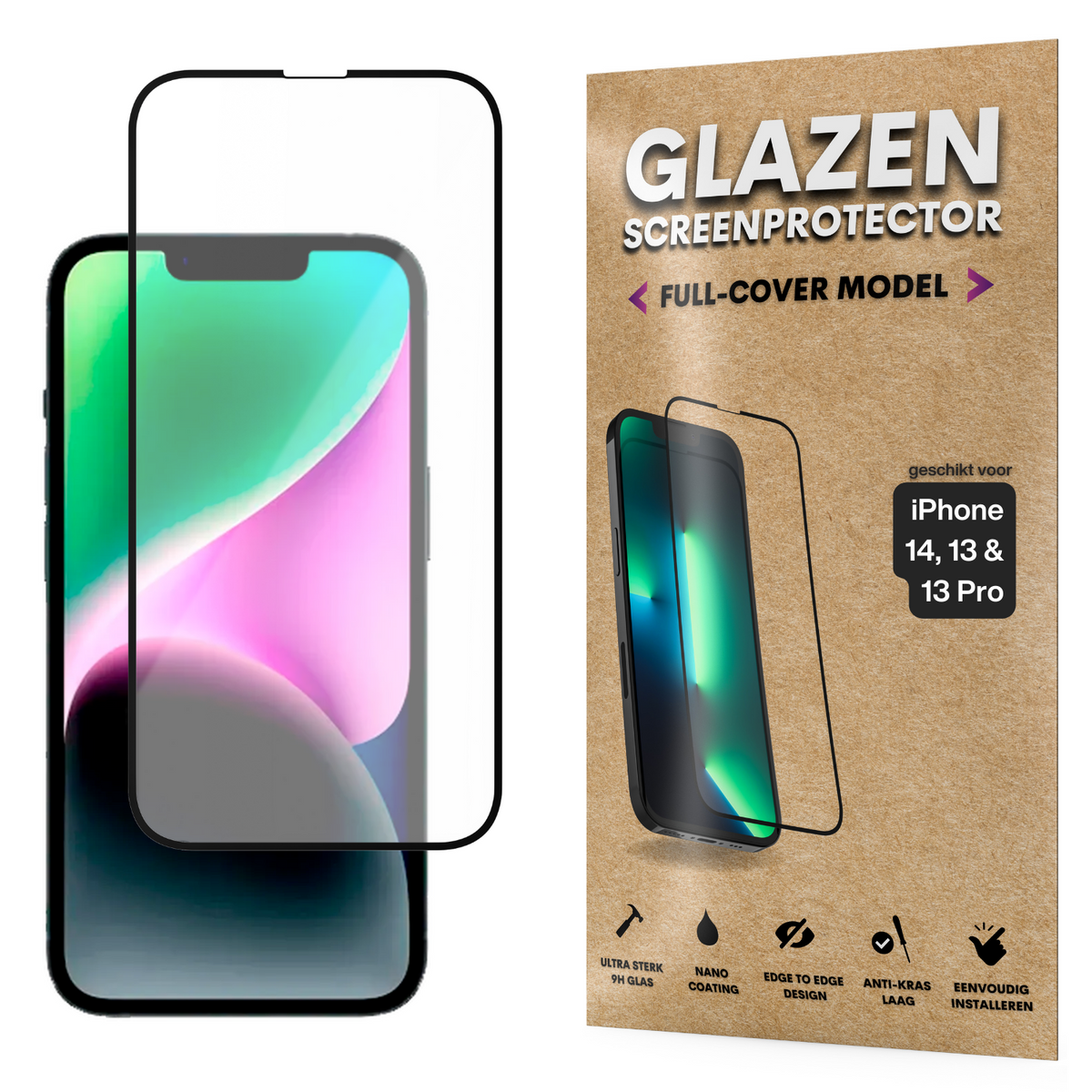 Screenprotector - Geschikt voor iPhone 16E / 14 / 13 / 13 Pro - Gehard Glas - Full Cover Tempered Glass - Case Friendly