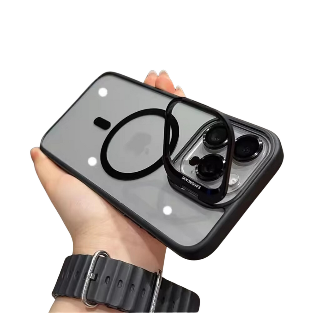 Ultra Shockproof Hoesje - Geschikt voor Apple Iphone 14 Pro Max - Transparant Zwart - Met Camera Protectors en Statief - Magneet Ring Hoesje - Anti Yellowing Achterkant - Magneet Compatible