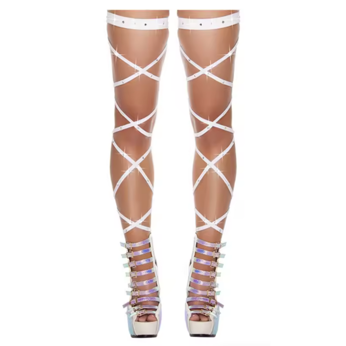 Sexy Wrap Kousen – Verleidelijke Stay-Up Stockings met Veters – One Size – Wit met Steentjes – Luxe Erotische Lingerie - Veters Benen Hakken