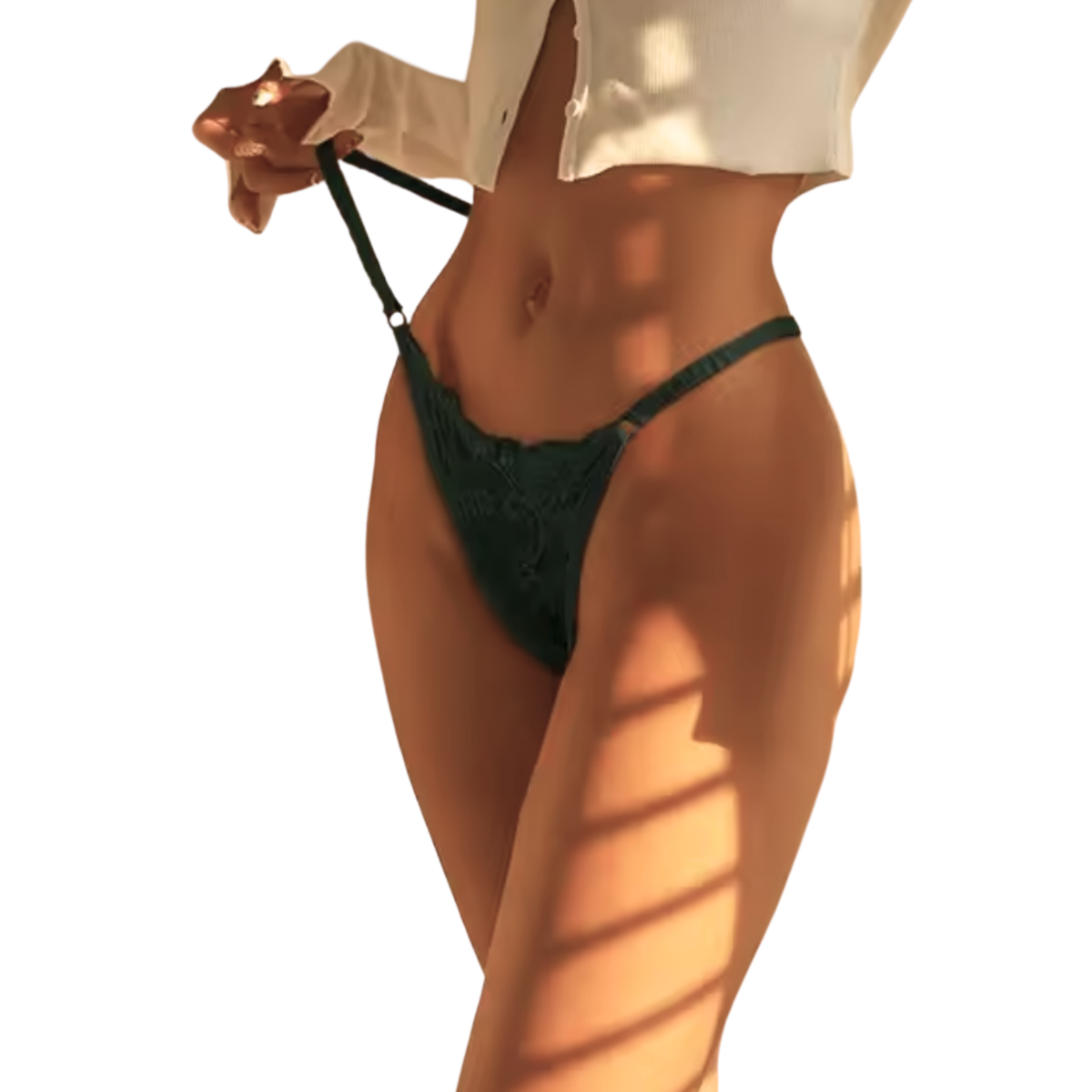 Sexy Kanten String – Donker Groen - Lingerie met Kant, Strikje en Steentje – Verleidelijk en Comfortabel Dames Ondergoed - Slip / Onderbroek Voor Vrouwen - One Size