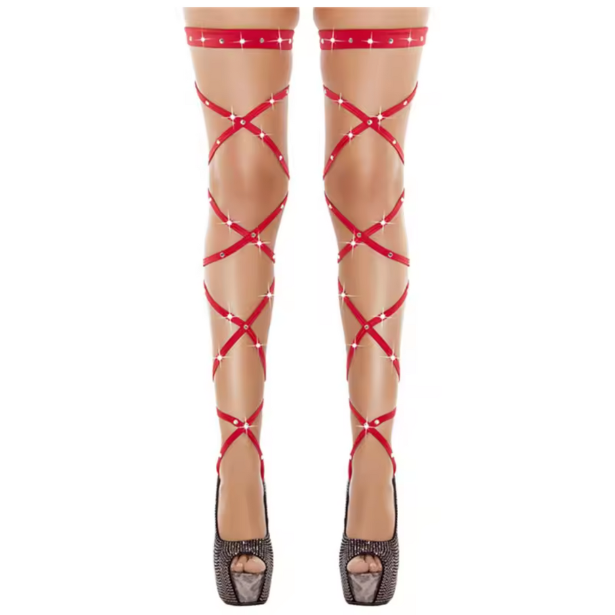 Sexy Wrap Kousen – Verleidelijke Stay-Up Stockings met Veters – One Size – Rood met Steentjes – Luxe Erotische Lingerie - Veters Benen Hakken
