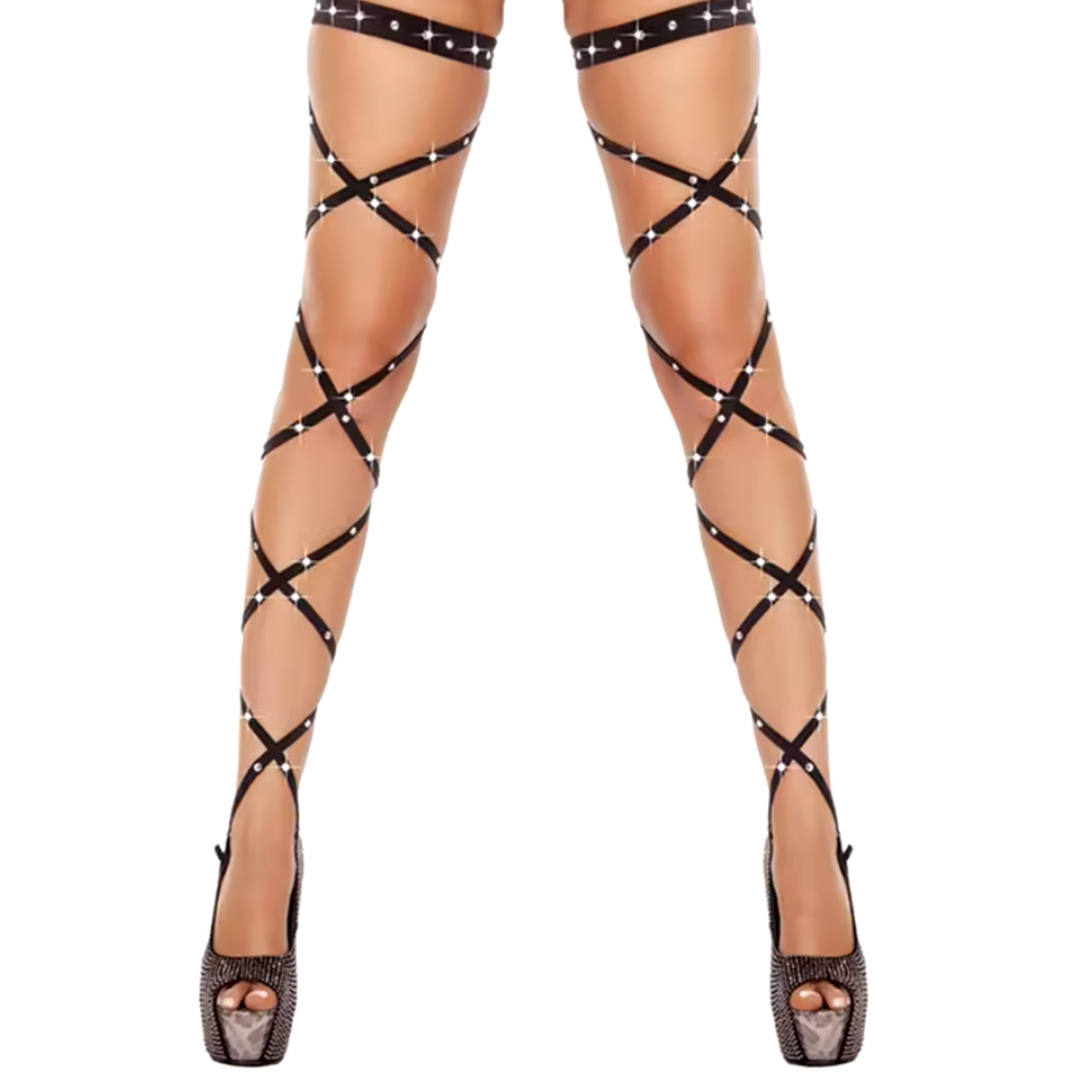 Sexy Wrap Kousen – Verleidelijke Stay-Up Stockings met Veters – One Size – Zwart met Steentjes – Luxe Erotische Lingerie - Veters Benen Hakken