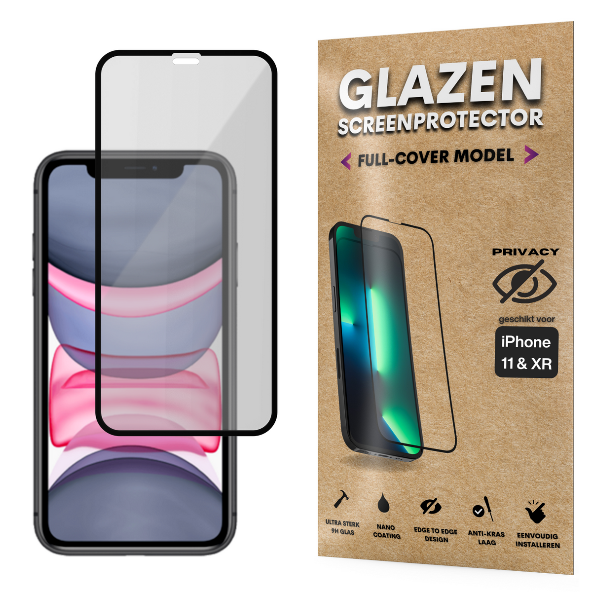Privacy Screenprotector - Geschikt voor iPhone 11 / XR - Gehard Glas - Full Cover Tempered Privacy Glass - Case Friendly