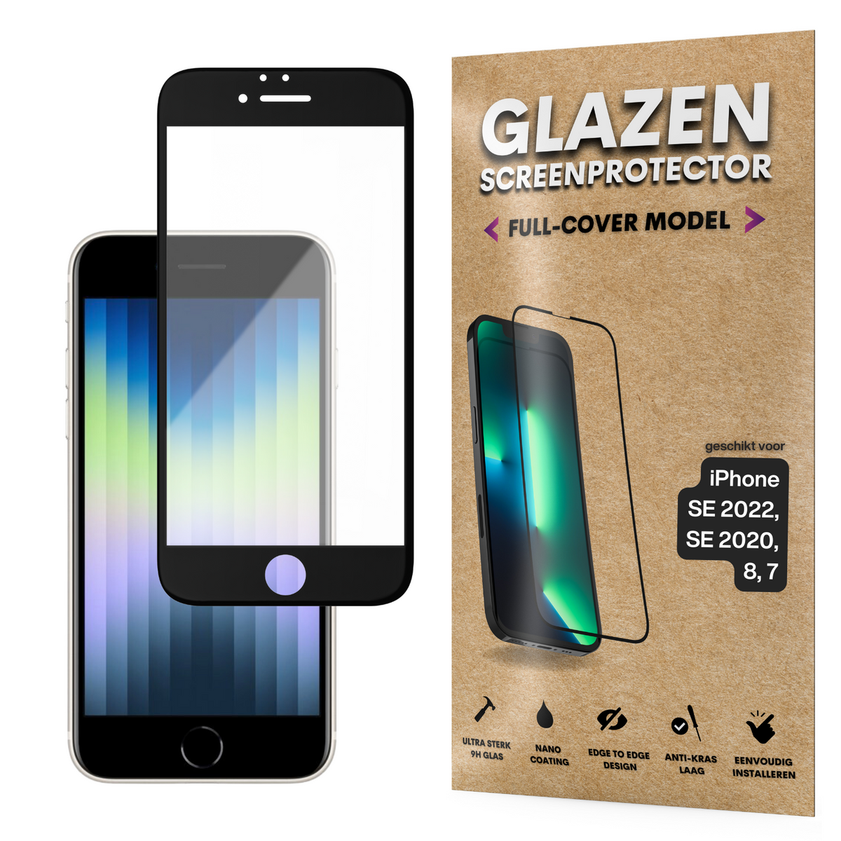 Screenprotector - Geschikt voor iPhone 7 / 8 / SE 2020 - Gehard Glas - Full Cover Tempered Glass - Case Friendly
