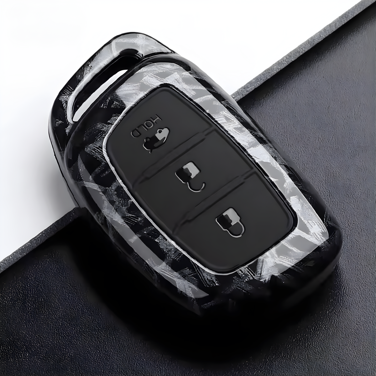 Forged Carbon Look Sleutelcover - Sleutelhoesje met Siliconen Knoppen Geschikt voor Hyundai IX25 / IX35 / IX45 / I10 / I20 / I30 / HB20 / Elantra / Solaris / Sonata / Santa Fe / Sport Tucson - Zwart Forget Carbon Look - Key Cover - Auto Accessoires
