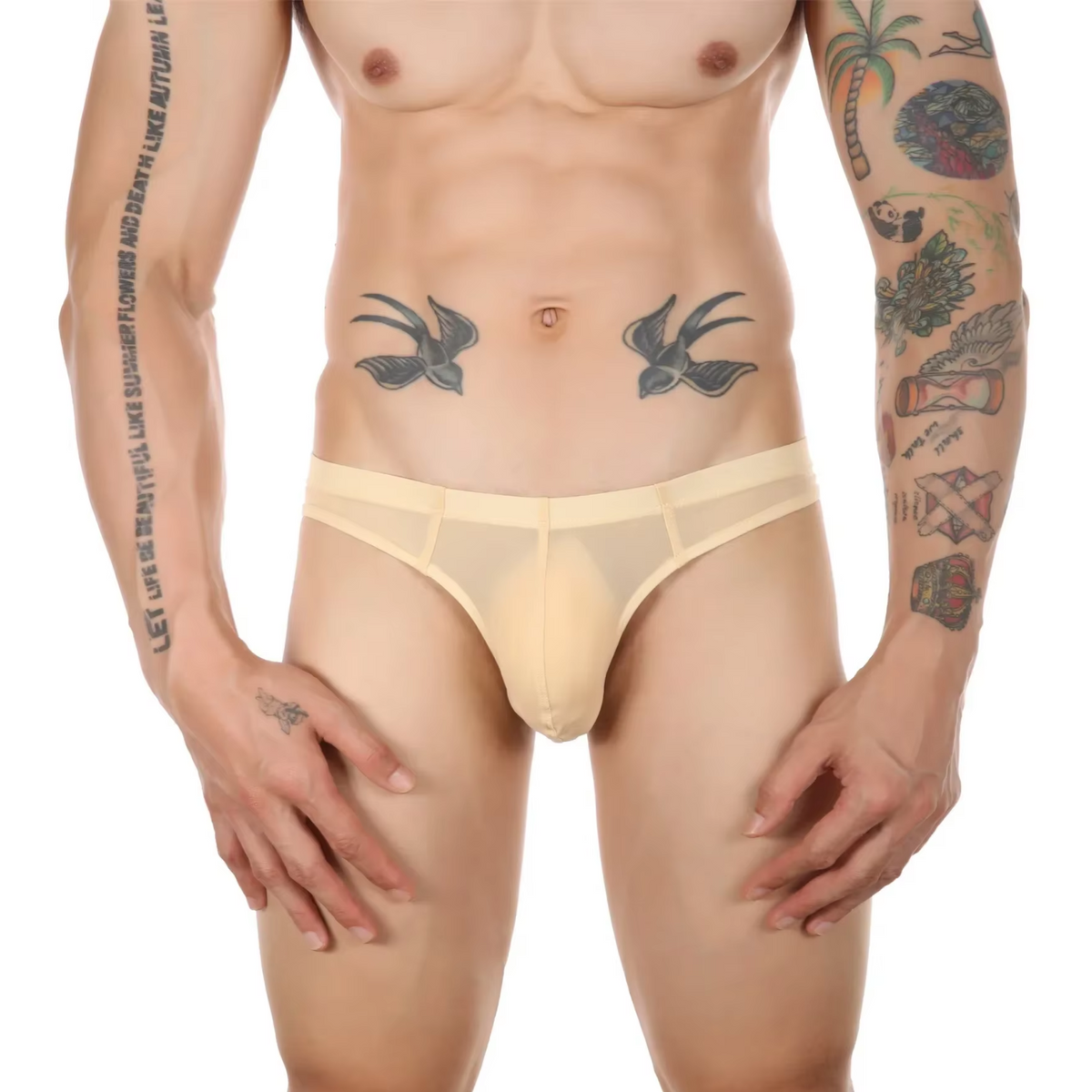 Heren String Transparant - G-String Doorzichtig Beige / Nude - Sexy Mesh Design - Mannen Onderbroek - Lingerie Voor Mannen - Ondergoed Maat XXXL / 3XL