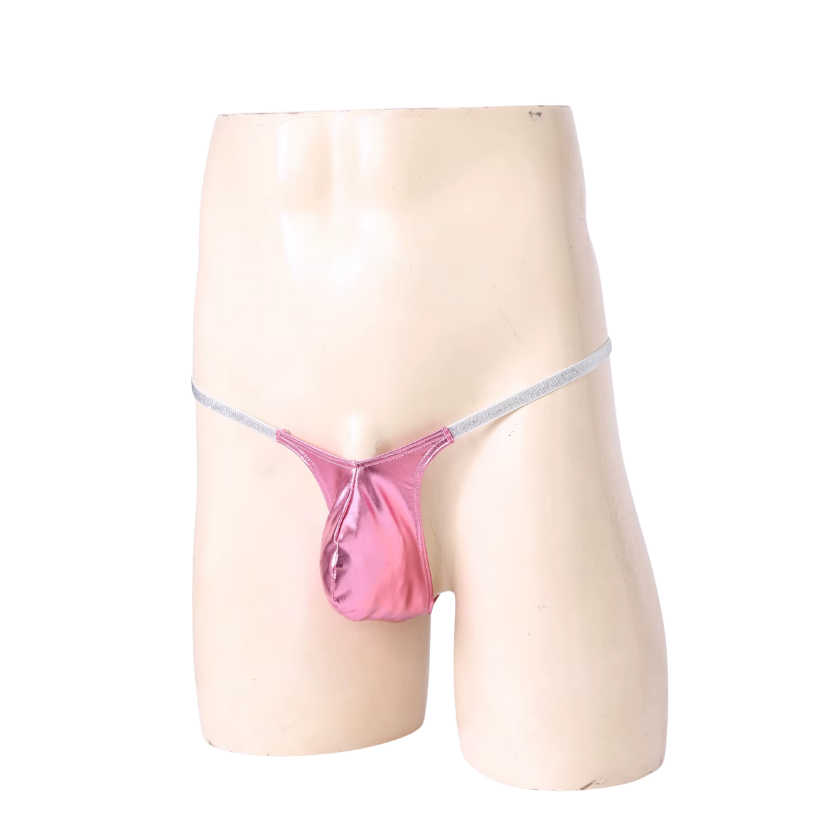 Heren Glanzende G-String – Lichtroze - Sexy Roze Pouch Ondergoed - Mini String - Smalle Zilveren Bandjes - Lage Taille & Hoge Elasticiteit – Ondergoed / Onderbroek / Slip - Mannen Lingerie - One Size