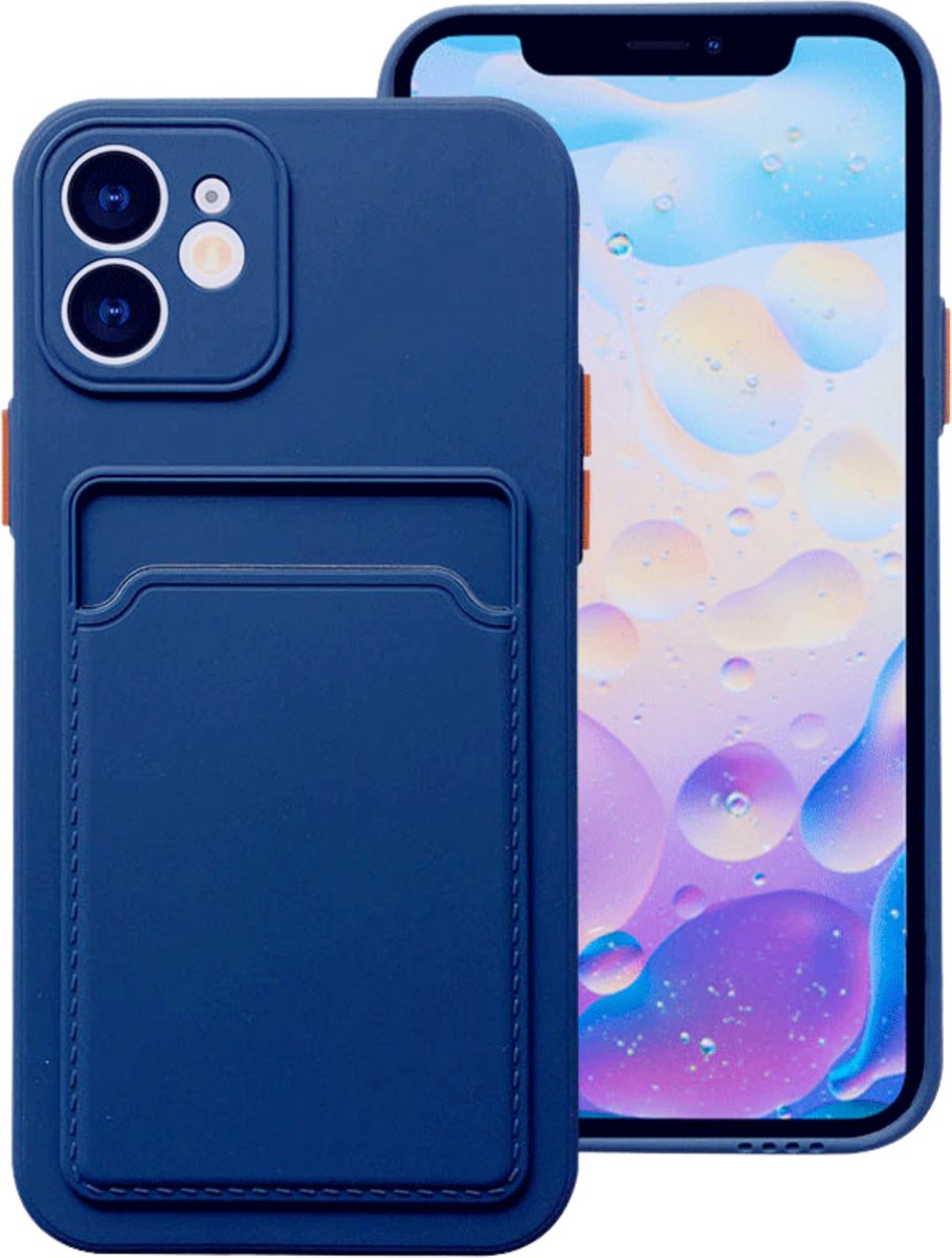 Stevig TPU Hoesje - Geschikt voor Apple iPhone 14 - Met Kaarthouder - Donkerblauw - Shockproof Case met Pasjeshouder - TPU Hoes Met Vakje Voor Pasje - Card Case Back Cover