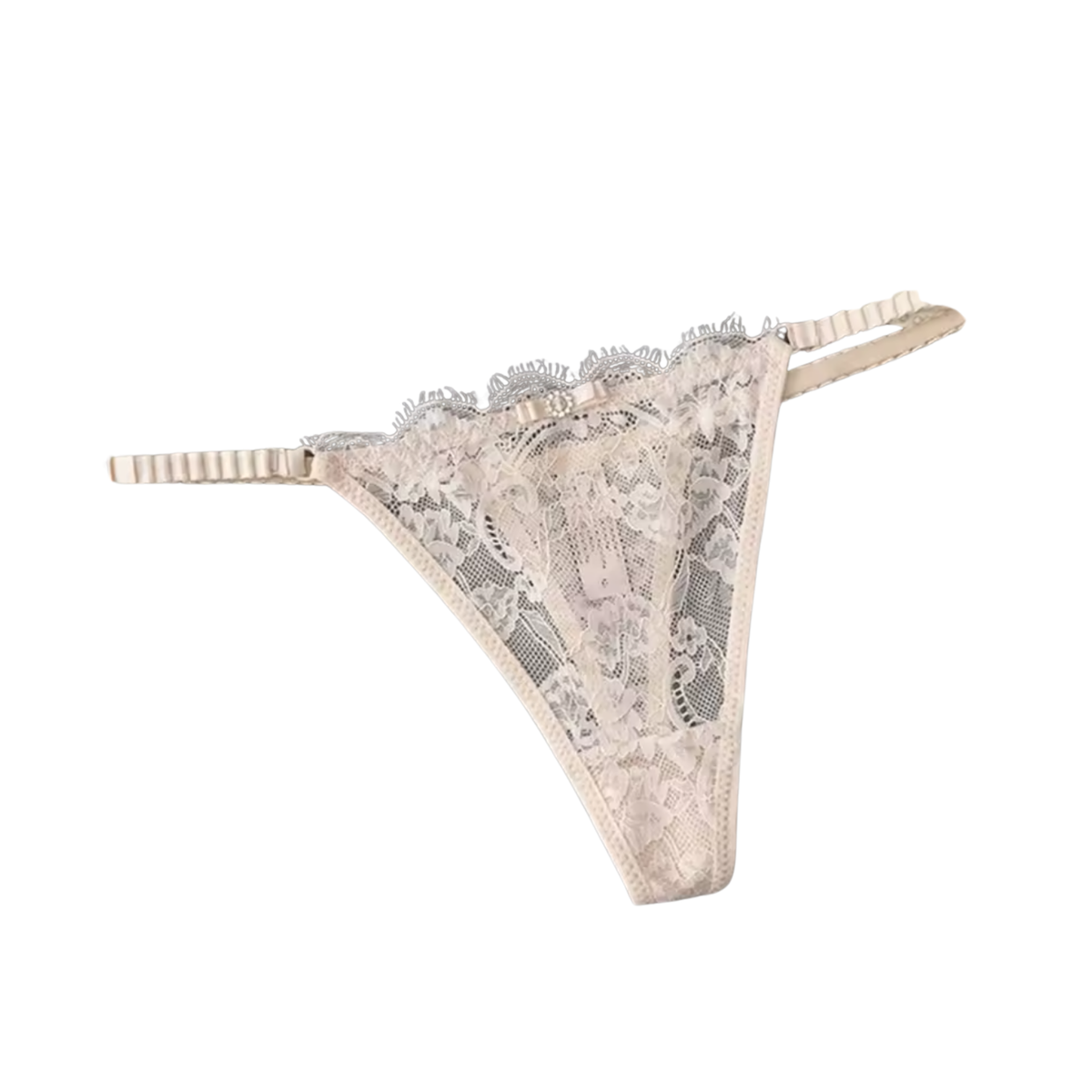 Sexy Kanten String – Beige - Lingerie met Kant, Strikje en Steentje – Verleidelijk en Comfortabel Dames Ondergoed - Slip / Onderbroek Voor Vrouwen - One Size