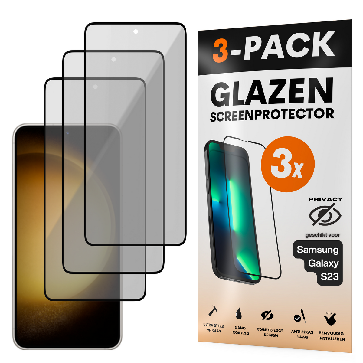 Privacy Screenprotector - Geschikt voor Samsung Galaxy S23 - Gehard Glas - Full Cover Tempered Privacy Glass - Case Friendly - 3 Pack