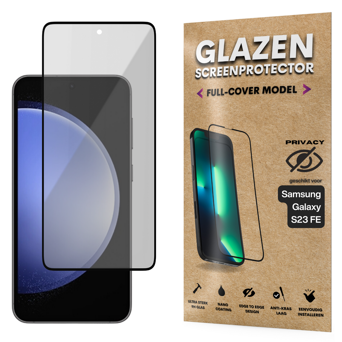 Privacy Screenprotector - Geschikt voor Samsung Galaxy S23 FE - Gehard Glas - Full Cover Tempered Privacy Glass - Case Friendly