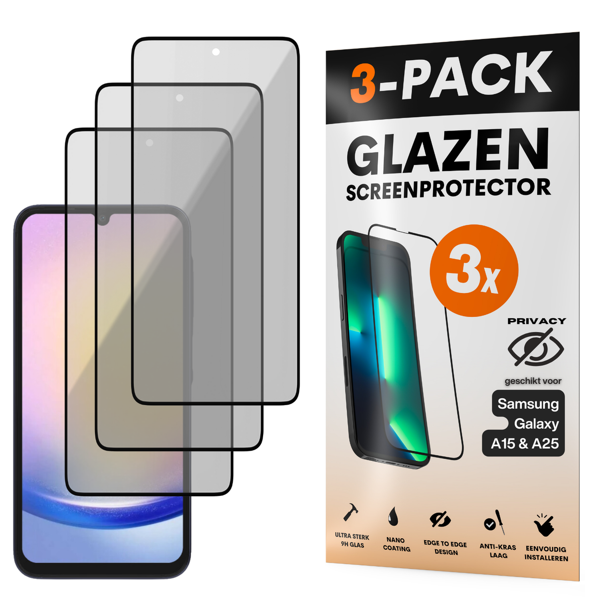 Privacy Screenprotector - Geschikt voor Samsung Galaxy A15 / A25 - Gehard Glas - Full Cover Tempered Privacy Glass - Case Friendly - 3 Pack
