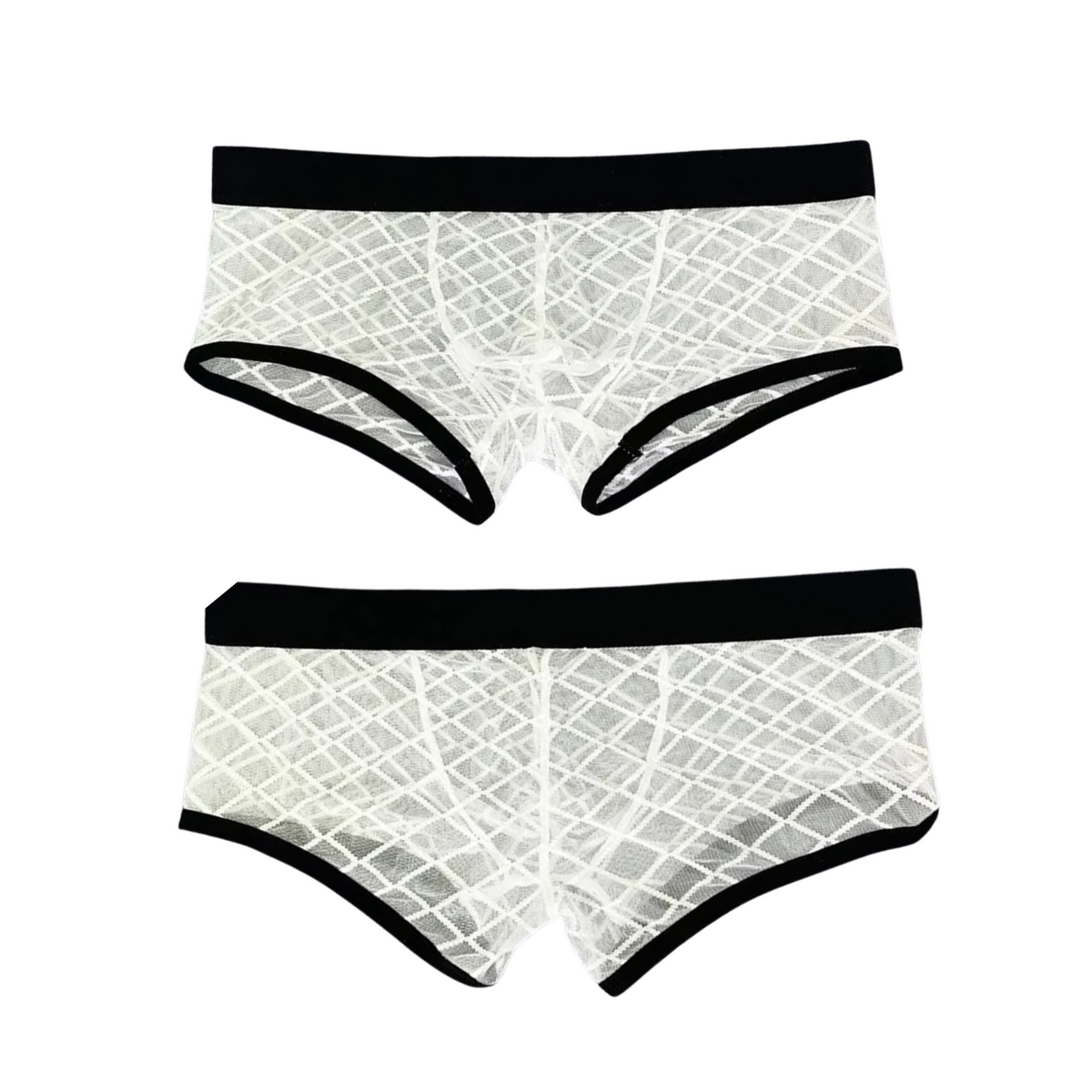 Heren Boxershort Transparant - Boxer Doorzichtig Wit met Zwarte Band - Sexy Transparant Design met Ruitmotief - Mannen Onderbroek - Lingerie Voor Mannen - Ondergoed Maat XXL