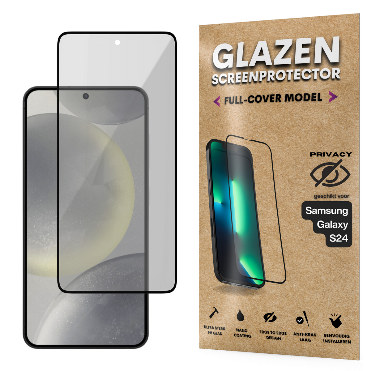 Privacy Screenprotector - Geschikt voor Samsung Galaxy S24 - Gehard Glas - Full Cover Tempered Privacy Glass - Case Friendly