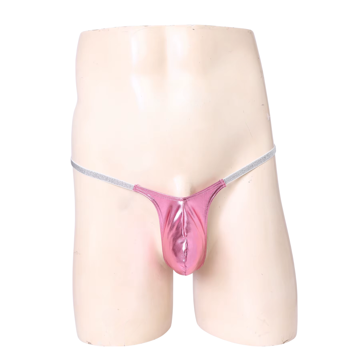 Heren Glanzende G-String – Lichtroze - Sexy Roze Pouch Ondergoed - Mini String - Smalle Zilveren Bandjes - Lage Taille & Hoge Elasticiteit – Ondergoed / Onderbroek / Slip - Mannen Lingerie - One Size