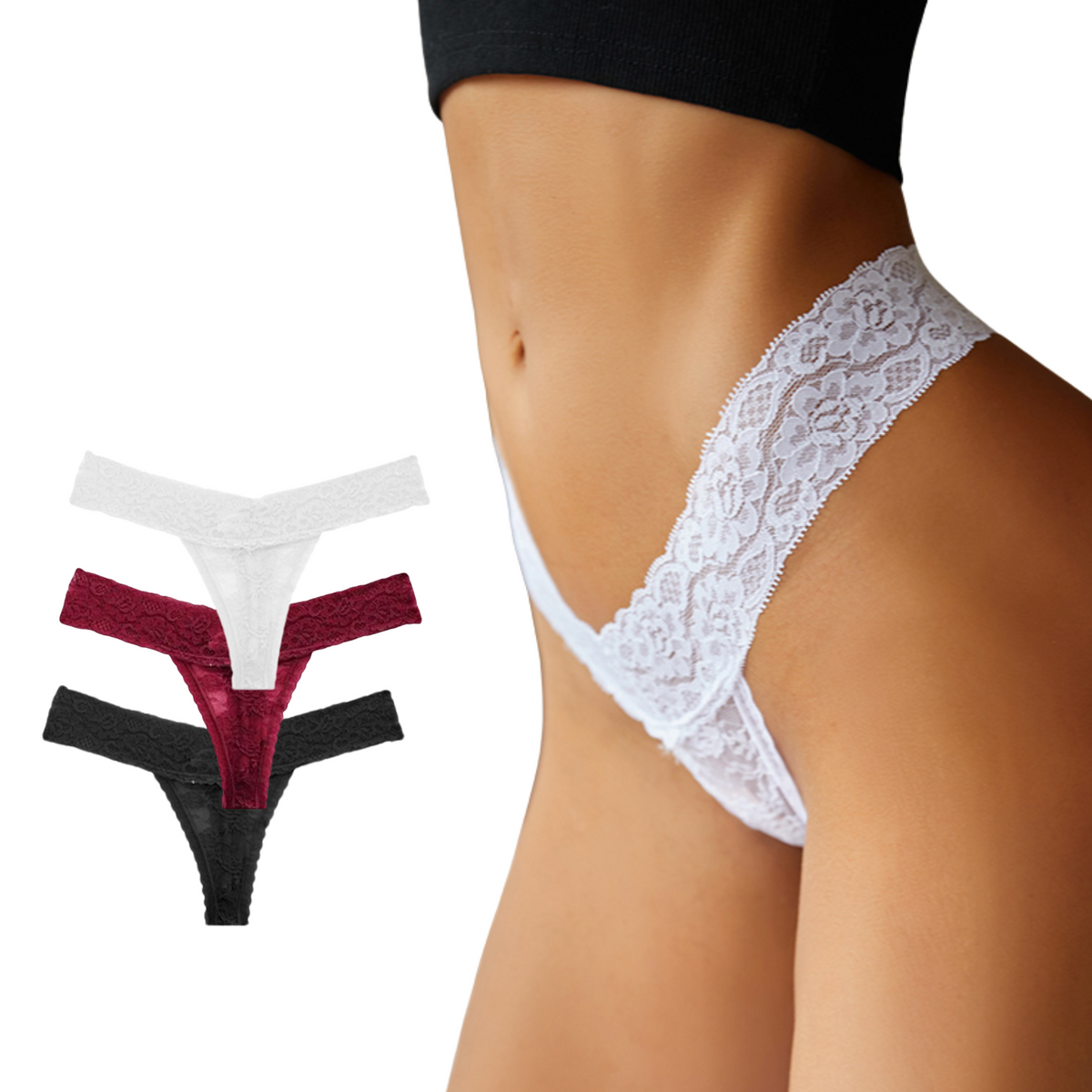 3 Pack - Dunne String van Kant - Doorzichtig - Wit, Rood en Zwart - Sexy, Licht en Comfortabel - Dames Lingerie / Ondergoed Set - Maat M