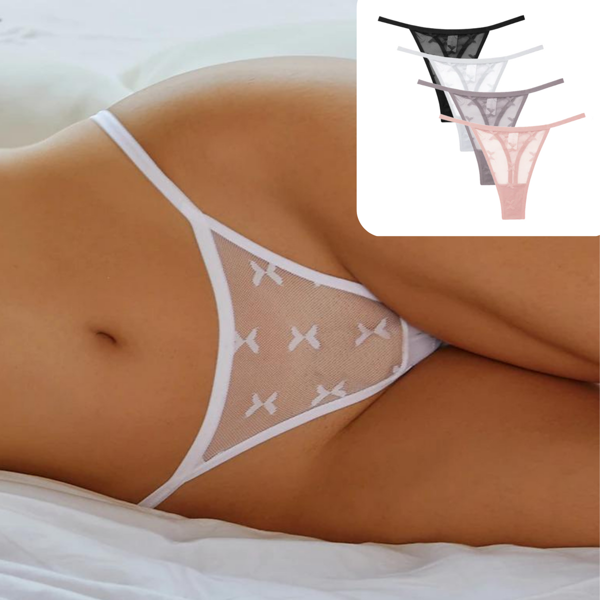 4 Pack - Luxe Dames String - Transparant - Lichtroze, Nude, Wit en Zwart - Dames Lingerie / Ondergoed Set - Maat L