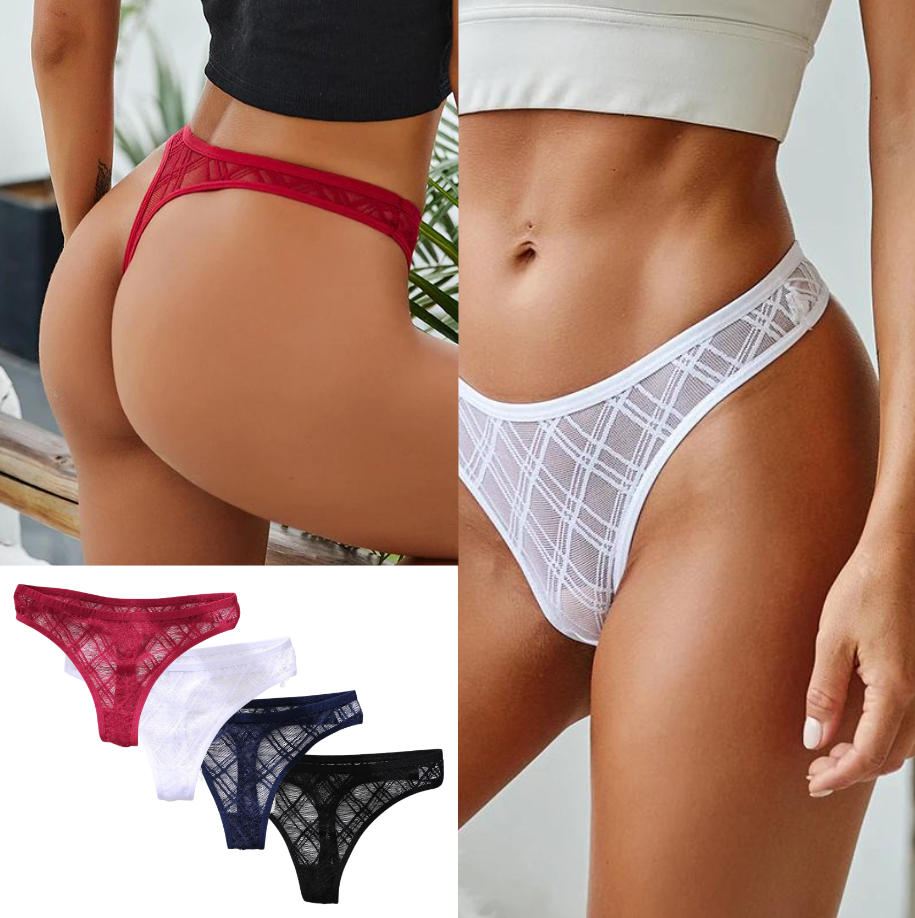 4 Pack - Luxe Dames String - Transparant Geruit - Zwart, Blauw, Rood en Wit - Dames Lingerie / Ondergoed Set - Maat M