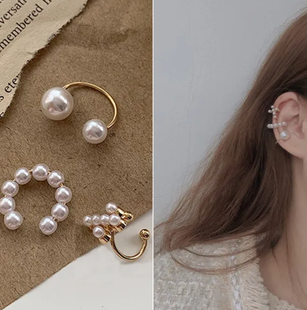 Fake Helix Goud - Set van 3 - Parels & Kruis - Nep Piercing - Goudkleurig - Klem Oorbel Oorpiercing - Nep Helix - 3x Goud Ringetje - Metaal