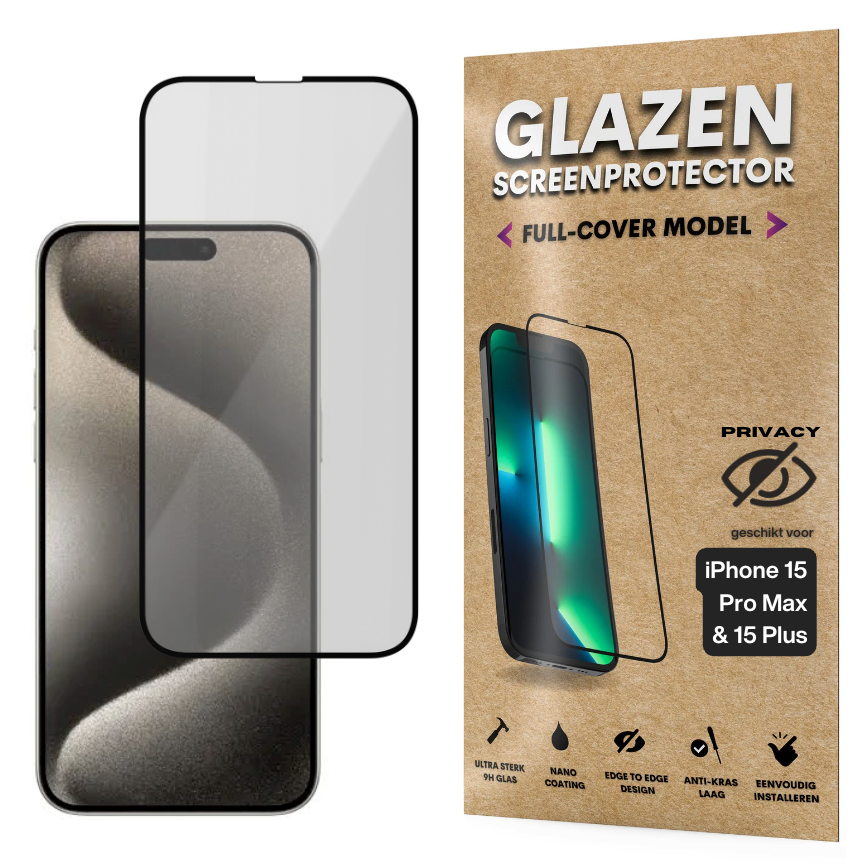Privacy Screenprotector - Geschikt voor iPhone 15 Pro Max / 15 Plus - Gehard Glas - Full Cover Tempered Privacy Glass - Case Friendly