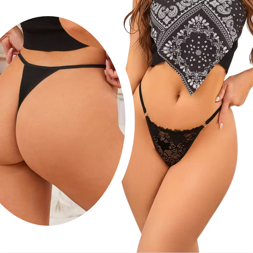 Sexy Dames String Zwart - Kant - 95% Katoen - Onderbroek Met Kanten Design - Dames Lingerie / Ondergoed - Maat L