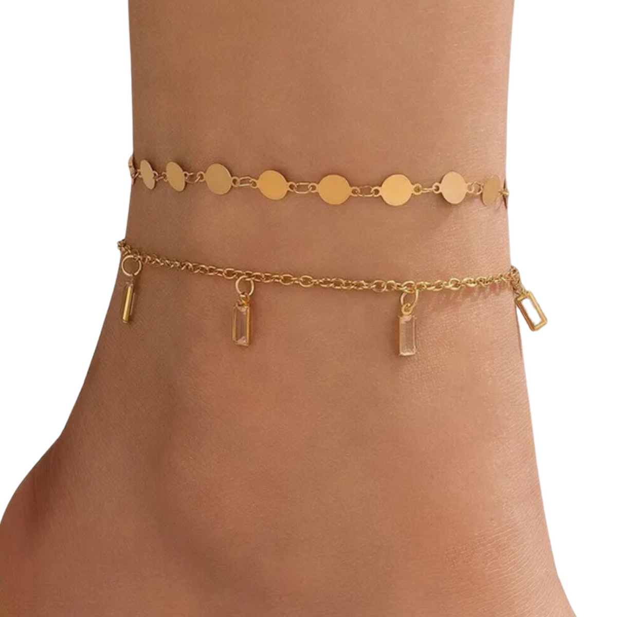 Set van 2 Enkelbandjes - Goudkleurig - 2 Stuks - Diamantjes & Rondjes - Enkelbanden - Enkel Sierraad - Cadeau Dames