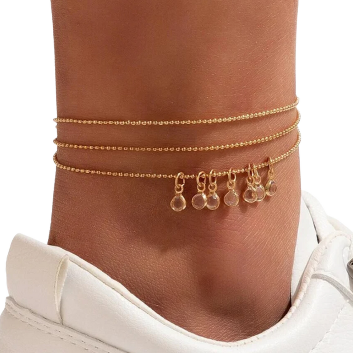 Set van 3 Enkelbandjes - Goudkleurig - 3 Stuks - Ronde Steentjes - Enkelbanden - Enkel Sierraad - Cadeau Dames