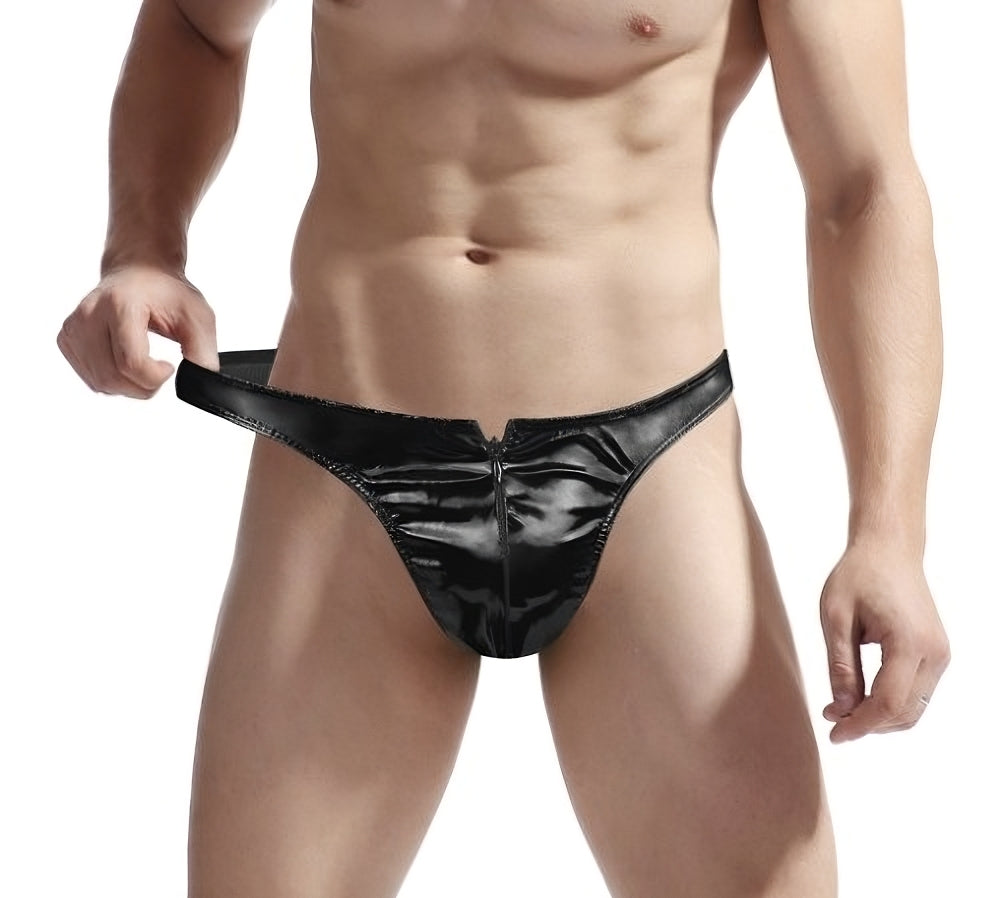 Latex Look Heren Slip - Met Rits - String Glossy Zwart - Elastisch - Sexy Design - Mannen String - One Size