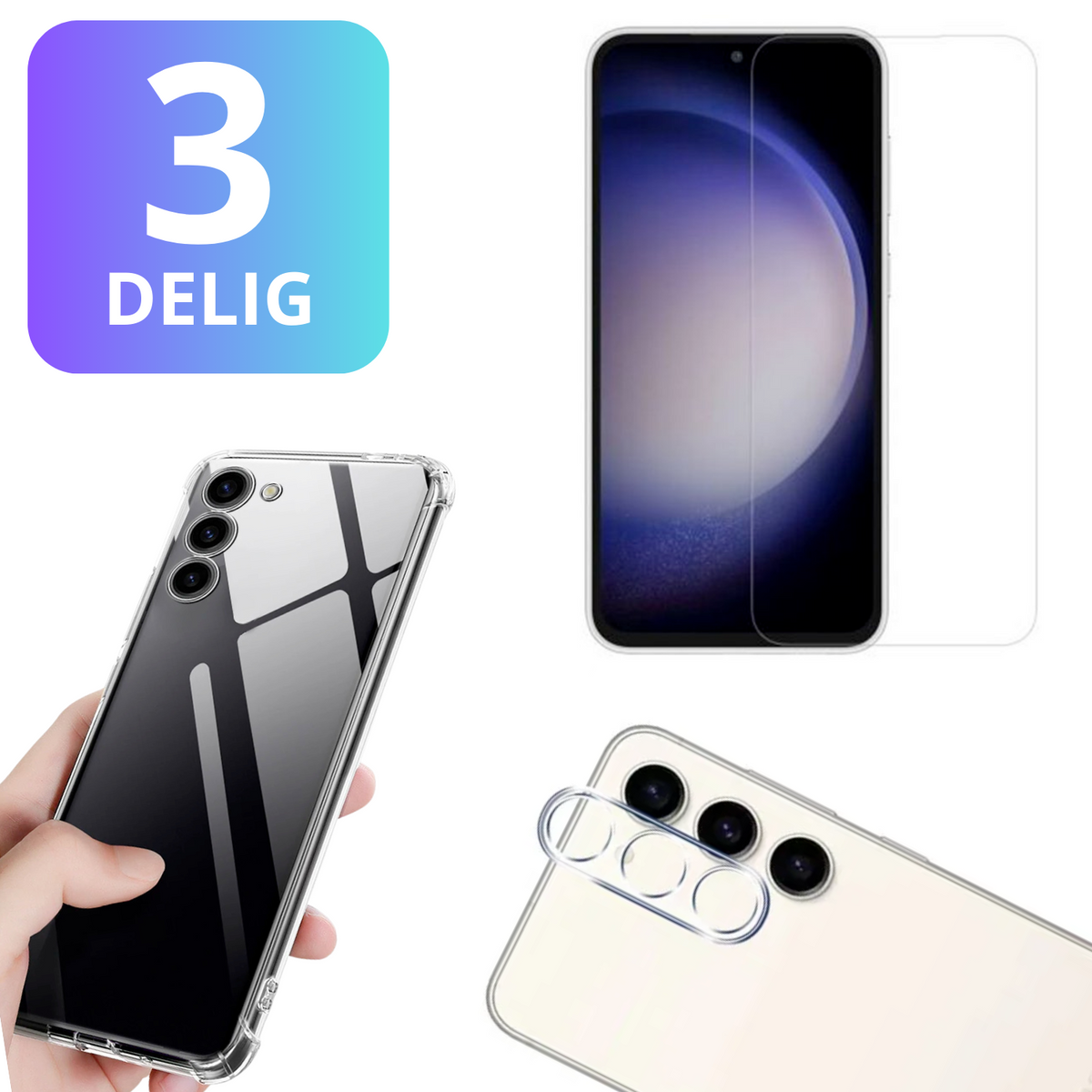 3 in 1 Set - Geschikt voor Samsung Galaxy S23 FE - Transparant Hoesje + Screenprotector + Cameraprotector - Doorzichtige Shockproof TPU Case - Tempered Glass Screen Protector - Glazen Camerabeschermer - Set van 3