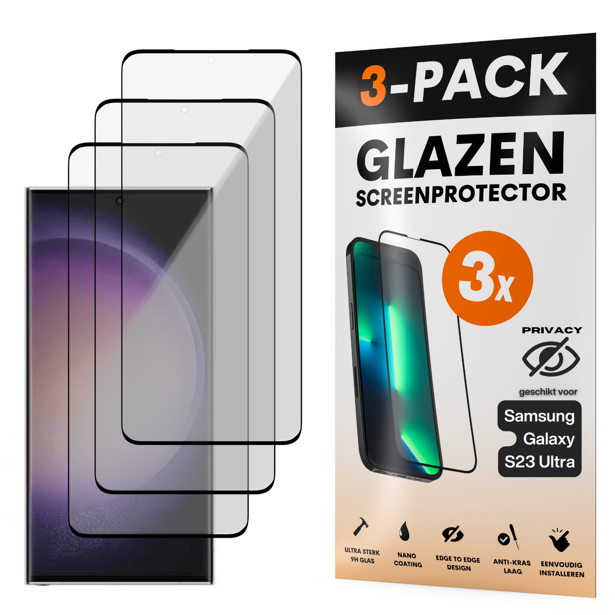 Privacy Screenprotector - Geschikt voor Samsung Galaxy S23 Ultra - Gehard Glas - Full Cover Tempered Privacy Glass - Case Friendly - 3 Pack