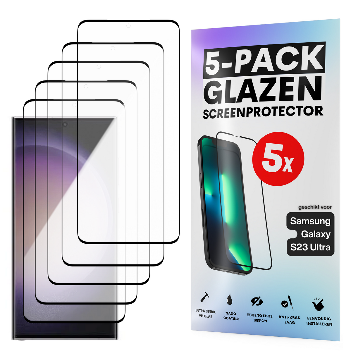 Screenprotector - Geschikt voor Samsung Galaxy S23 Ultra - Gehard Glas - Full Cover Tempered Glass - Case Friendly - 5 Pack