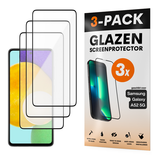 Screenprotector - Geschikt voor Samsung Galaxy A52 5G - Gehard Glas - Full Cover Tempered Glass - Case Friendly - 3 Pack
