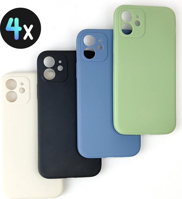 [EOL] 4-PACK - Hoesje Geschikt voor iPhone 12 - 4x Siliconen Shock Proof Case - Stevige TPU Cover - Multipack met Groen, Blauw, Zwart en Wit
