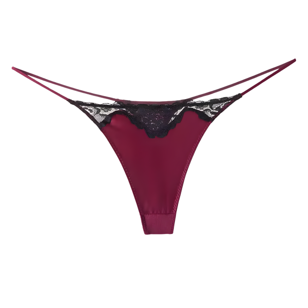 Sexy Dames String – Bordeaux Rood - Satijn &  Zwart Kant - Dunne Bandjes – Lingerie Voor Vrouwen - Comfortabel Ondergoed - Slip / Onderbroek - Maat S