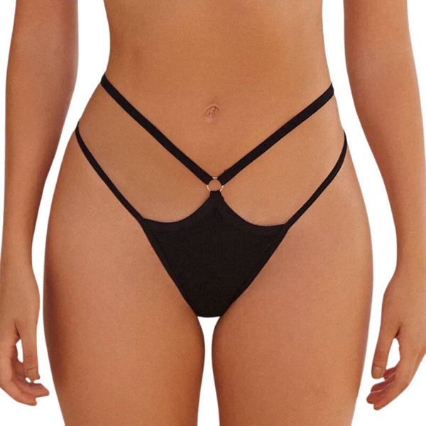 Sexy String met Dubbele Bandjes - Zwart - Ontwerp met Ribstof en Dubbele Bandjes - Sexy Design - Dames Onderbroek - Lingerie / Ondergoed - Maat M