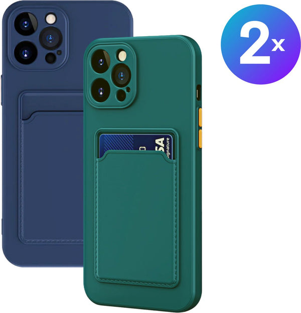 Set van 2 Hoesjes - Geschikt voor Apple iPhone 14 Pro - Stevig TPU Hoesje - Met Kaarthouder - Groen & Donkerblauw - Shockproof Case met Pasjeshouder - TPU Hoes Met Vakje Voor Pasje - Card Case Back Cover