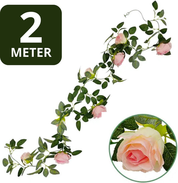 Luxe Bloemenslinger Roos - Realistische Roze Rozen - Grote Stijlvolle Bloemenstreng - Voor Interieur, Fietsmand of Stuur - 200 CM Bloemen Roze - Plastic Kunstbloemen Fiets Slinger Tak