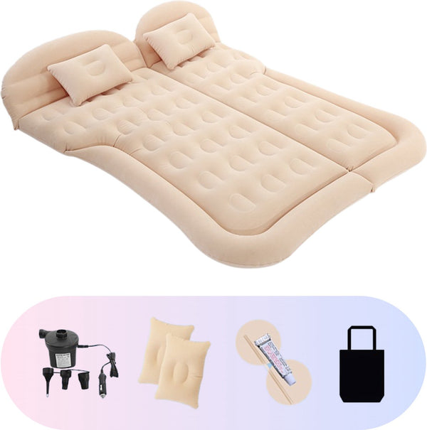 Opblaasbaar Auto Matras - Auto Luchtbed Beige - Achterbank en Achterbak - Tweepersoons 3-in-1 Universeel Automatras - Inclusief Elektrische Pomp en Accessoires - Kampeer Luchtbed voor Reizen