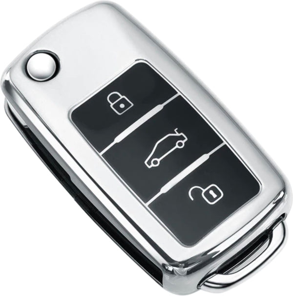 Zachte TPU Sleutelcover - Metallic Chroom Zilver - Sleutelhoesje Geschikt voor Volkswagen Golf / Polo / Tiguan / Up / Passat / Seat Leon / Seat Mii / Skoda Citigo - Sleutel Hoesje Cover - Auto Accessoires