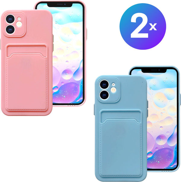 Set van 2 Hoesjes - Geschikt voor Apple iPhone 13 - Stevig TPU Hoesje - Met Kaarthouder - Lichtblauw & Roze - Shockproof Case met Pasjeshouder - TPU Hoes Met Vakje Voor Pasje - Card Case Back Cover