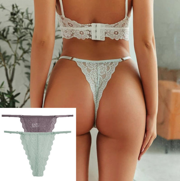 Luxe Dames String met Kant - 2 Stuks - Nude & Mintgroen - Intieme Lingerie Dames / Ondergoed Set Vrouw - High Waist - Maat M