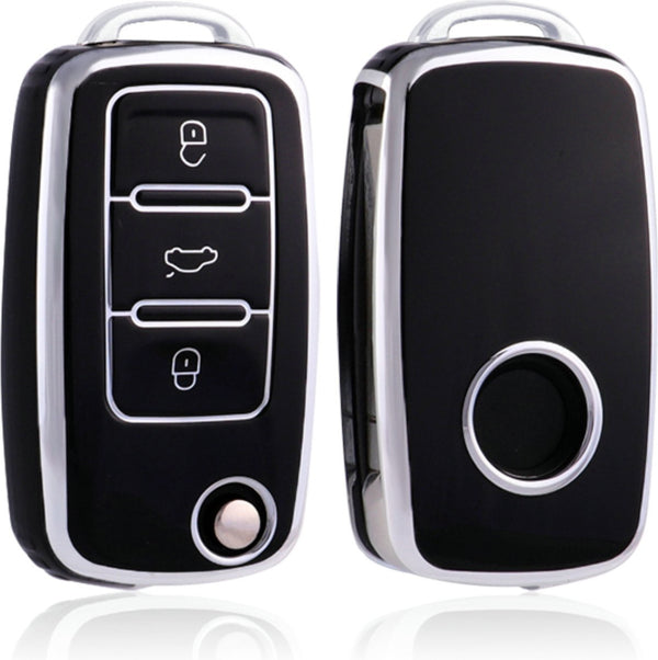 Zachte TPU Sleutelcover - Zwart Zilver Metallic - Sleutelhoesje Geschikt voor Volkswagen Golf / Polo / Tiguan / Up / Passat / Seat Leon / Skoda Citigo - Sleutel Hoesje Cover - Randen Zilver - Auto Accessoires