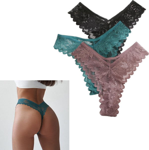 [EOL] High Waist Dames String met Kant - 3 Pack met Zwart, Groen & Nude - Vrouwen Lingerie / Ondergoed Set - Maat M