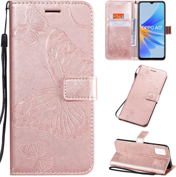 Hoesje Vlinders Roze - Geschikt voor OPPO A17 - Portemonnee Book Case - Boekje Met Kaarthouder / Pasjeshouder en Magneetsluiting - Booklet Beschermhoes - Boekhoesje met Draagkoord