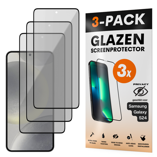 Privacy Screenprotector - Geschikt voor Samsung Galaxy S24 - Gehard Glas - Full Cover Tempered Privacy Glass - Case Friendly - 3 Pack