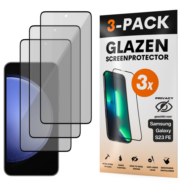 Privacy Screenprotector - Geschikt voor Samsung Galaxy S23 FE - Gehard Glas - Full Cover Tempered Privacy Glass - Case Friendly - 3 Pack